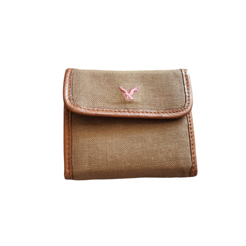 American Eagle Brown Pink Logo Snap Closure Zip On Back Tri-Fold Wallet Small